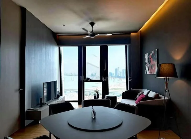 Living features: floor-to-ceiling windows, city view, 3-seater fabric sofa in dark grey, 2-seater fabric sofa in light grey, coffee table, TV console, wall-mounted TV, ceiling fan, recessed LED downlights, decorative wall art, wooden flooring; style: modern.
