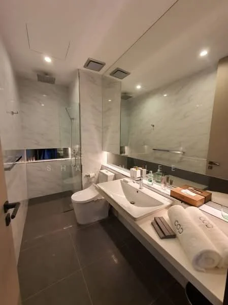 Bathroom features: marble wall cladding, large mirror, double-sink vanity with white basin, chrome basin mixer faucets, glass shower enclosure, rain shower head, one-piece toilet, dark tile flooring, recessed downlights, towel rack, decorative box, bath towels; style: modern.