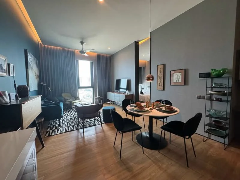 Dining features: round dining table, 4 black dining chairs, pendant lamp, wooden flooring, decorative wall art, green ceramic dishware, glassware, cutlery; style: modern; view: city. Living features: 3-seater fabric sofa in dark green, coffee table, TV console, wall-mounted TV, area rug with geometric pattern, floor-to-ceiling windows, curtains, decorative artwork; style: modern; view: city.