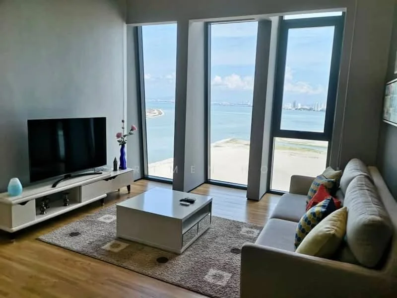 Living features: floor-to-ceiling windows, light grey painted walls, wooden flooring, 3-seater fabric sofa in light grey, colorful throw pillows, white coffee table, TV console with storage, wall-mounted TV, area rug with geometric pattern, decorative vase with flowers; style: modern; view: sea.