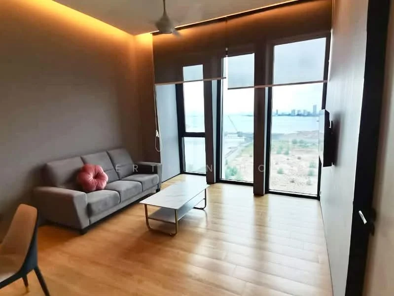 Living features: 3-seater fabric sofa in grey, coffee table, floor-to-ceiling windows, city view, wooden flooring, ceiling fan, LED strip lighting, accent wall in brown, decorative throw pillow; style: modern; view: city.