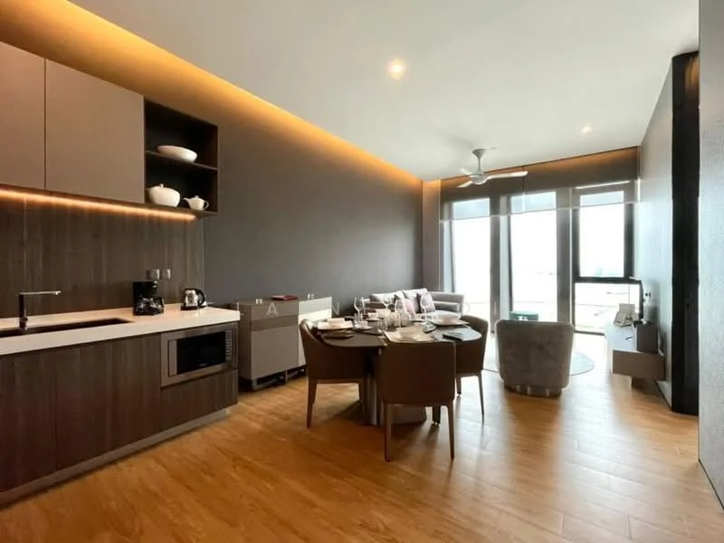Living features: wooden flooring, dark wood cabinetry, white countertop, built-in microwave, coffee machine, dining table with four chairs, ceiling fan, floor-to-ceiling windows, grey accent wall, sofa, decorative items on the table; style: modern; view: city.