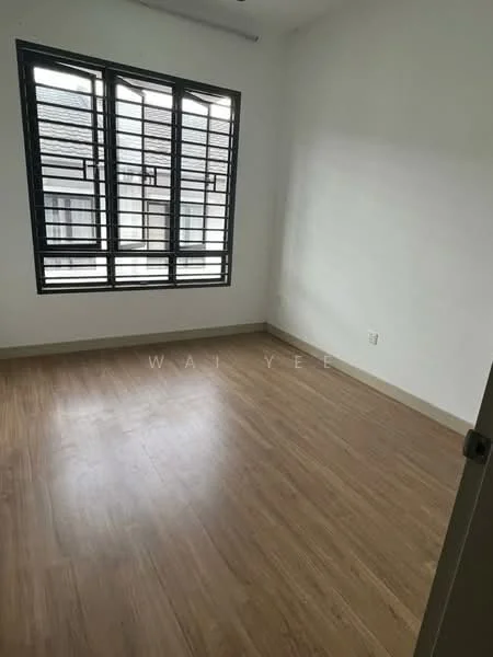 Room features: white painted walls, laminate flooring, large windows with black metal grilles, natural light from windows, neutral color scheme; style: modern.
