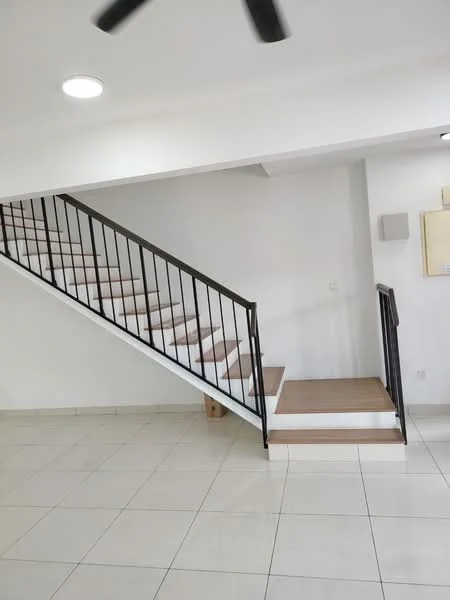Room features: white painted walls, tile flooring, staircase with wooden steps, metal railing, ceiling light, open space, neutral color scheme; style: modern.