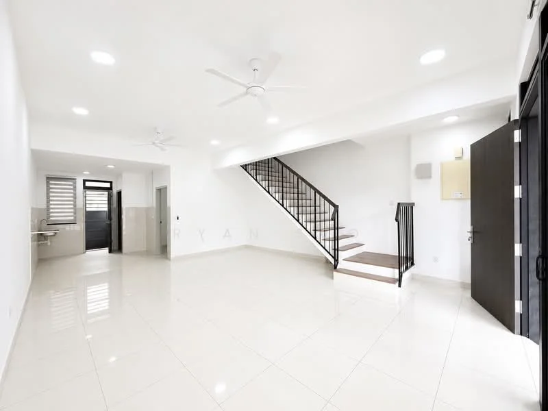 Living features: white painted walls, polished ceramic tile flooring, 5-blade ceiling fan with light, recessed LED downlights, staircase with wooden steps, open layout, large windows, door leading outside; style: modern. Kitchen features: white painted walls, ceramic tile flooring, kitchen counter, sink, cabinets, open layout; style: modern.