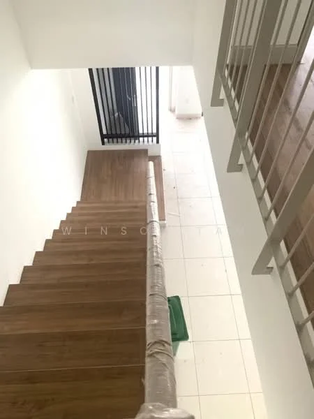 Staircase features: wooden staircase, white painted walls, tile flooring, metal railing, natural light from windows, open layout, green storage box; style: modern.