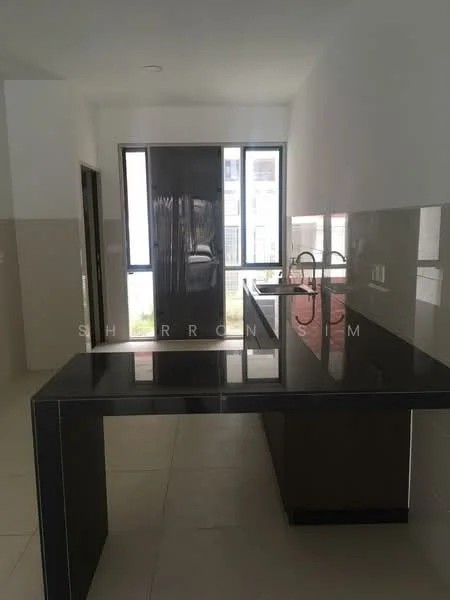Kitchen features: black granite countertop, single-bowl stainless-steel sink, chrome pull-down faucet, white tiled walls, light-colored floor tiles, kitchen island, sliding glass door, floor-to-ceiling windows, open layout; style: modern.