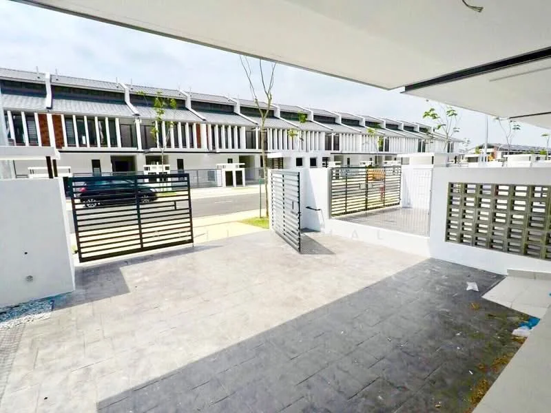 Exterior type: linked terrace house; features: modern facade with horizontal slats, grey stone-paved walkway, metal gate with vertical slats, white painted walls, manicured lawn, driveway with interlocking pavers, surrounded by residential street, two-storey structure, front garden area, visible parking space; style: modern.