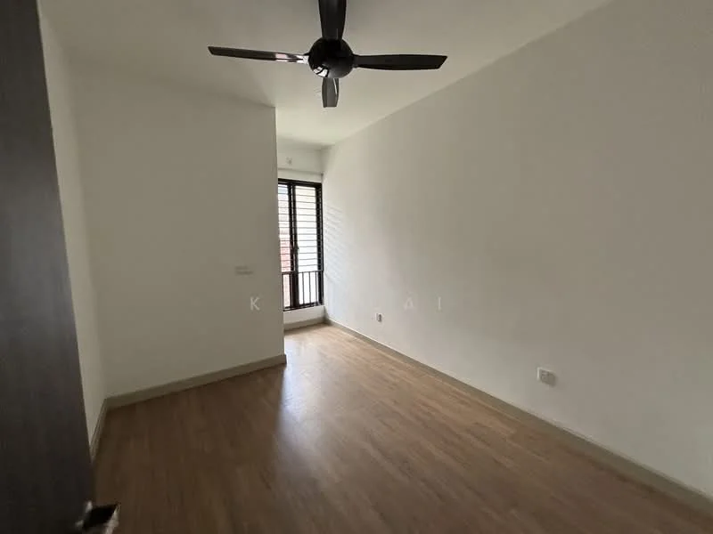 Room features: light wood laminate flooring, white painted walls, 5-blade ceiling fan, window with horizontal slats, natural light from window, door leading to hallway; style: modern.