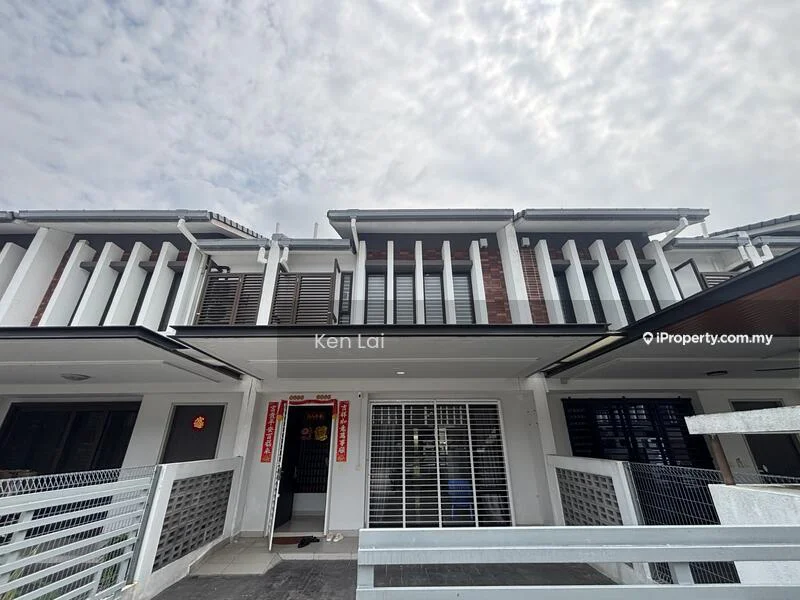 Exterior type: linked terrace house; features: white painted facade, brown brick accents, recessed balconies, horizontal slatted screens, flat roof, two-storey structure, front porch area, security grille at entrance; style: modern.