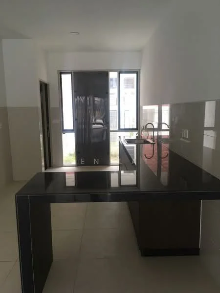 Kitchen features: black granite countertop, single-bowl stainless-steel sink, chrome pull-down faucet, kitchen island, white tiled walls, light-colored floor tiles, large window, sliding glass door, open layout; style: modern; view: garden.