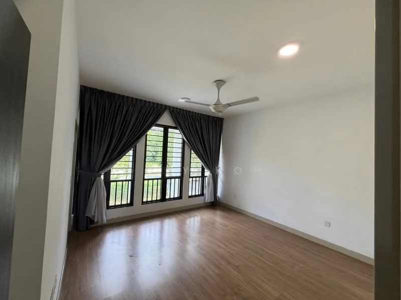 Room features: laminate flooring, white painted walls, 5-blade ceiling fan, floor-to-ceiling windows, grey curtains, window with black grills, natural light, neutral color scheme; style: modern; view: garden.