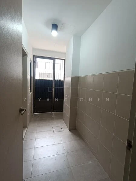 Room features: white painted walls, light grey tiled flooring, single ceiling light fixture, glass door, metal security grille, window with view to exterior, floor drain, neutral colour scheme; style: modern.
