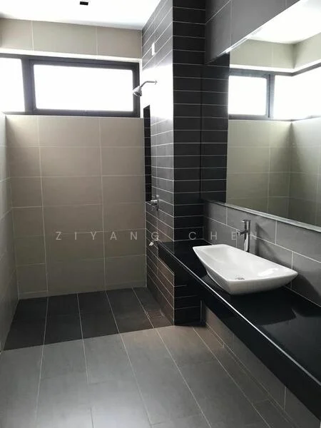 Bathroom features: grey ceramic tile flooring, dark grey wall tiles, white vessel sink, chrome basin mixer faucet, large wall-mounted mirror, walk-in shower with glass enclosure, rain shower head, handheld shower, window for natural light, black countertop, minimalist design, recessed lighting; style: modern.