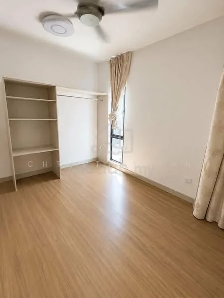 Bedroom features: wooden flooring, white painted walls, ceiling fan, floor-to-ceiling window, curtains, built-in shelving, open closet, natural light; style: modern.