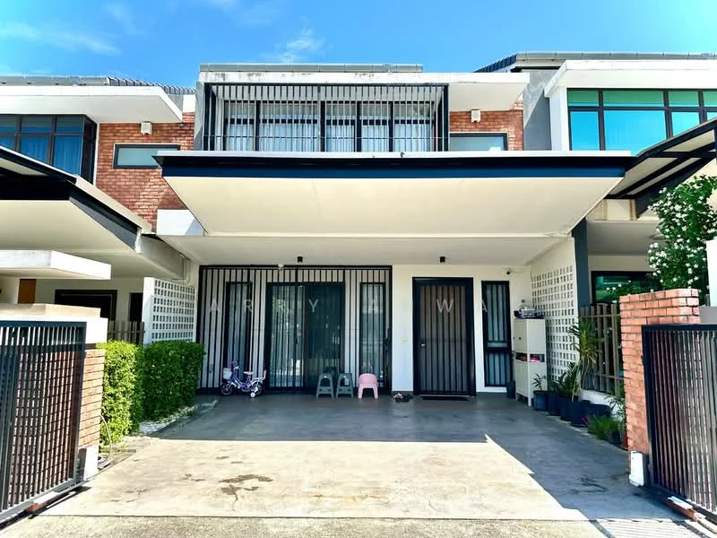 Exterior type: linked terrace house; features: brick facade, white painted facade, flat roof, double-storey, manicured lawn, paved driveway, security gate, balcony with railing, large windows, outdoor plants, car porch with awning; style: modern.