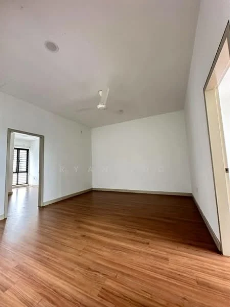 Room features: white painted walls, wooden flooring, ceiling fan, large windows, doorway leading to another room.