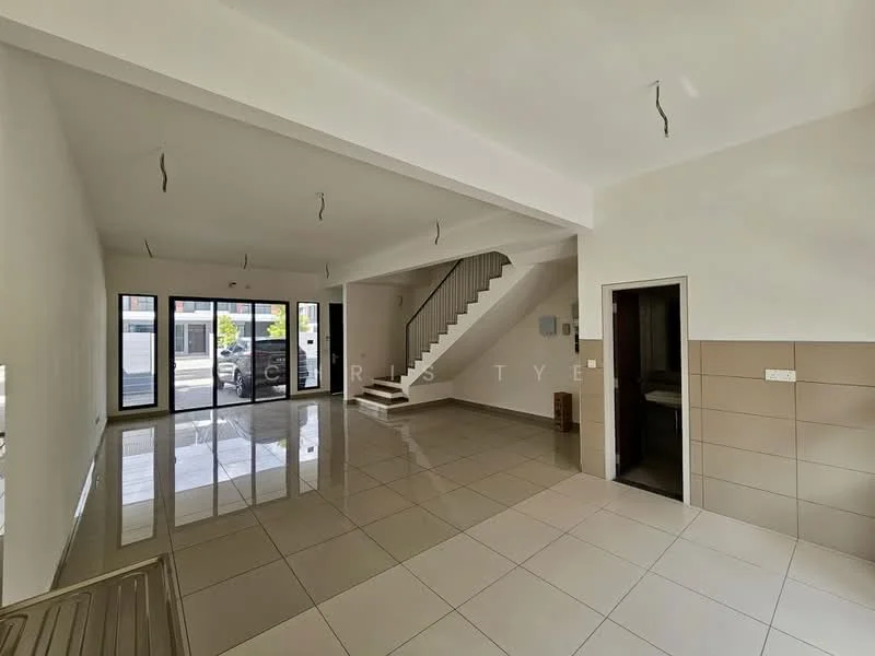 Room features: white painted walls, glossy ceramic tile flooring, staircase with wooden handrail, recessed downlights, large glass windows, open layout, doorway leading to another room, neutral color scheme; style: modern; view: street.