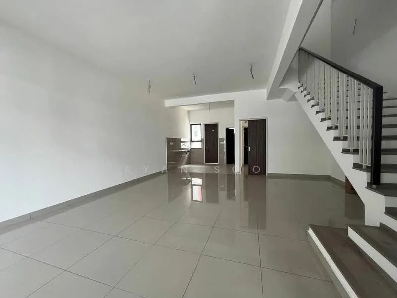 Room features: white painted walls, grey tiled flooring, staircase with wooden steps, open layout, large windows, ceiling lights, doorways to rooms, high ceiling; style: modern.
