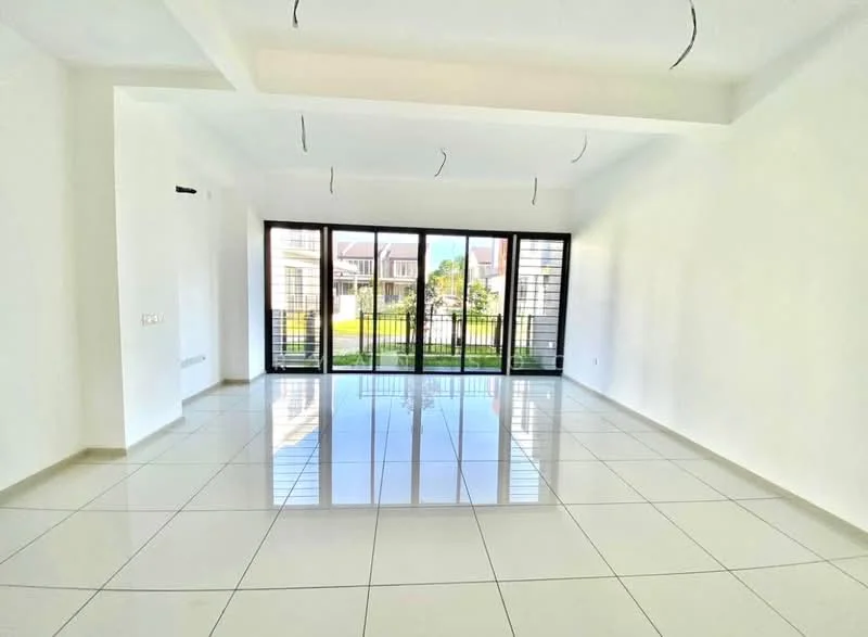 Living features: white painted walls, polished ceramic tile flooring, tray ceiling, recessed downlights, floor-to-ceiling windows, black metal window frames, sliding glass door, view of garden, open layout, no visible furniture; style: modern; view: garden.