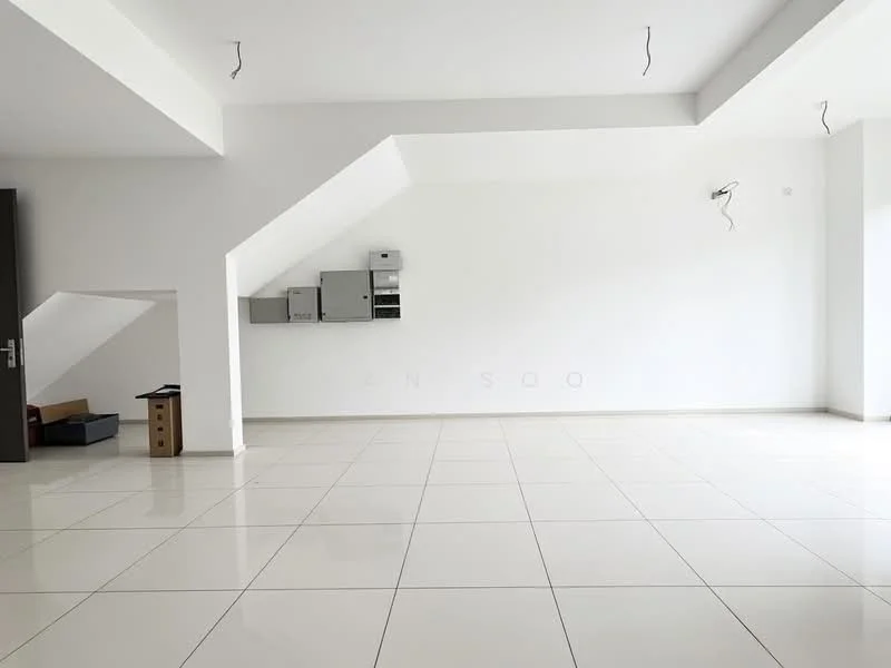 Room features: white painted walls, polished ceramic tile flooring, exposed ceiling with electrical wiring, built-in wall-mounted electrical panels, large open space, natural light from windows, minimalist design, no visible furniture or decor; style: modern.
