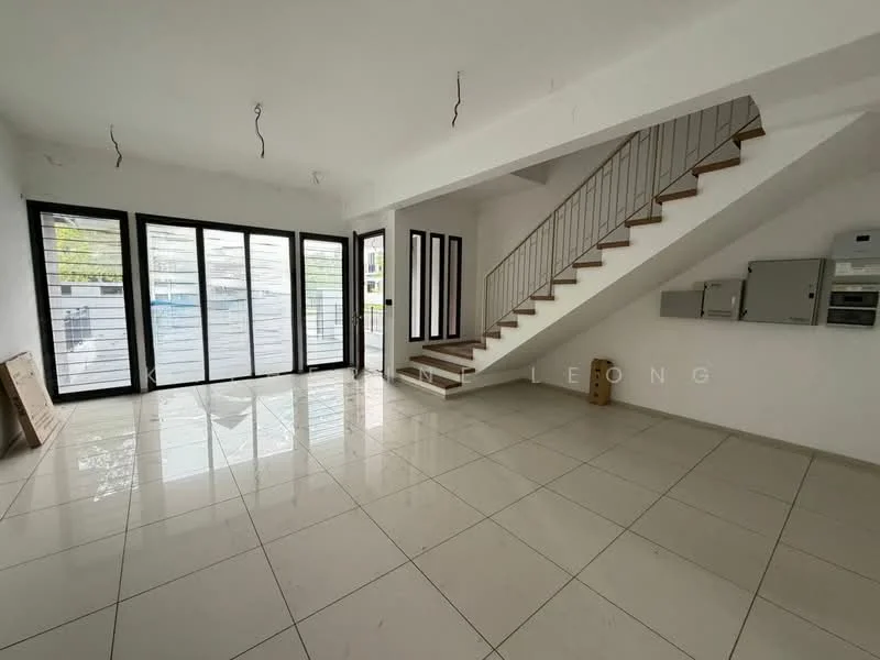 Living features: white painted walls, polished ceramic tile flooring, staircase with wooden steps and metal railing, floor-to-ceiling windows, sliding glass door, recessed ceiling lights, open layout, natural light from windows; style: modern; view: garden.