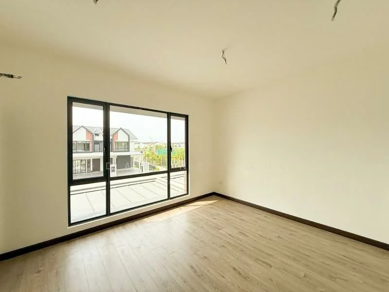 Room features: white painted walls, laminate flooring, large floor-to-ceiling windows, view of outdoor area, minimalist ceiling with exposed wiring; style: modern; view: garden.