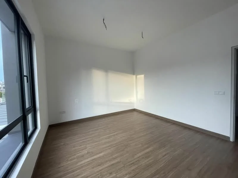 Room features: white painted walls, laminate flooring, large window, natural light, no visible ceiling fixtures, empty space.
