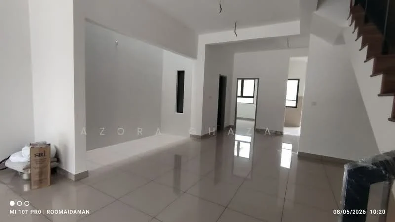 Room features: white painted walls, grey tiled flooring, staircase with wooden steps, two windows, open layout, ceiling with exposed wiring, doorway leading to another room, light switch on wall; style: modern.