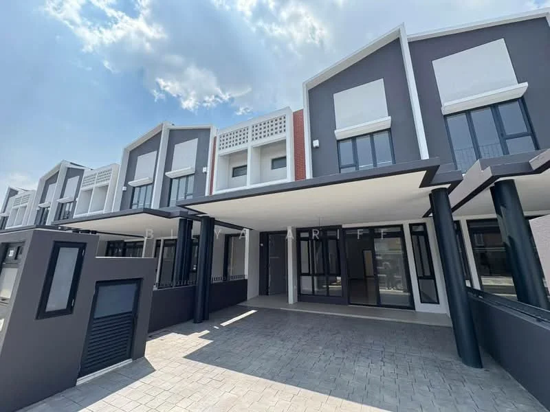 Exterior type: linked terrace house; features: grey painted facade, white window frames, flat roof, covered car porch, paved driveway, multiple storeys, balconies on upper floors, large glass windows, modern architectural design, manicured landscaping, exposed concrete elements; style: modern.