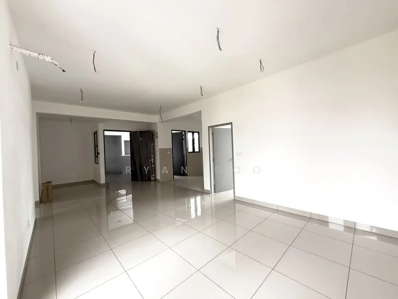 Room features: white painted walls, glossy ceramic tile flooring, recessed downlights, multiple windows, open layout, neutral color scheme, no visible furniture, high ceiling; style: modern.