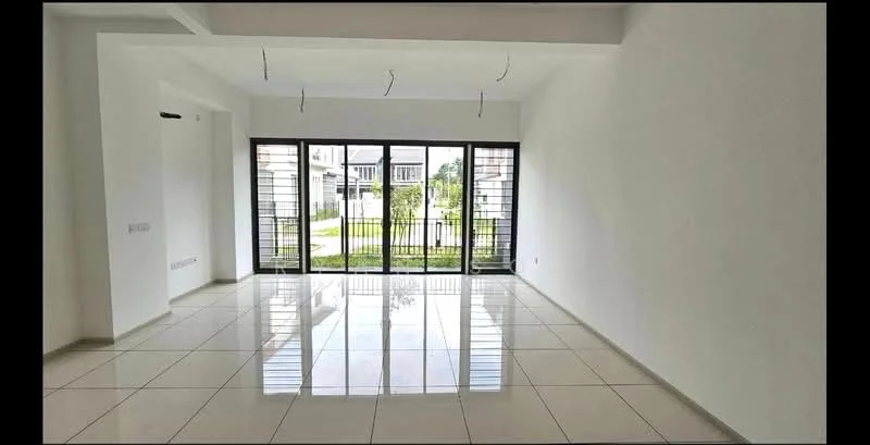 Living features: white painted walls, glossy ceramic tile flooring, floor-to-ceiling windows, black metal window grills, recessed downlights, open layout, natural light, view of garden, sliding glass door; style: modern; view: garden.