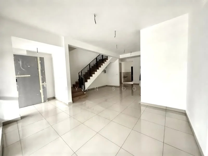 Room features: white painted walls, glossy ceramic tile flooring, staircase with wooden steps and black railing, multiple ceiling lights, open layout, large windows allowing natural light, no visible furniture, neutral color scheme; style: modern.
