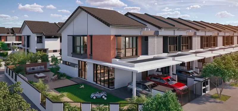 Exterior type: linked terrace house; features: two-storey building, white painted facade, brick accent wall, pitched tile roof, car porch with awning, manicured lawn, landscape garden with shrubs, outdoor seating area, driveway with interlocking pavers, surrounded by greenery, multiple parking spaces; style: modern.