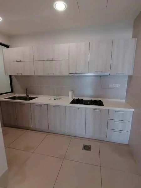 Kitchen features: light wood cabinetry, white countertop, single-bowl stainless-steel sink, chrome pull-down faucet, 4-burner gas hob, built-in oven, ceramic tile flooring, recessed downlights, wall-mounted cabinets, drawer storage, tile backsplash, open shelving; style: modern.