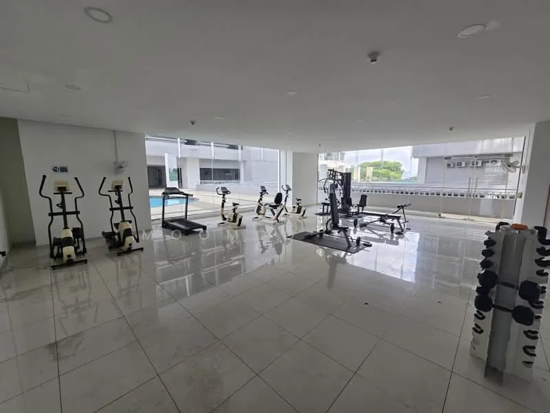 Room features: elliptical machines, stationary bikes, weightlifting equipment, dumbbell rack with weights, mirrored wall, large windows for natural light, polished tile flooring, recessed ceiling lights, open layout, air conditioning units; style: modern; view: pool.