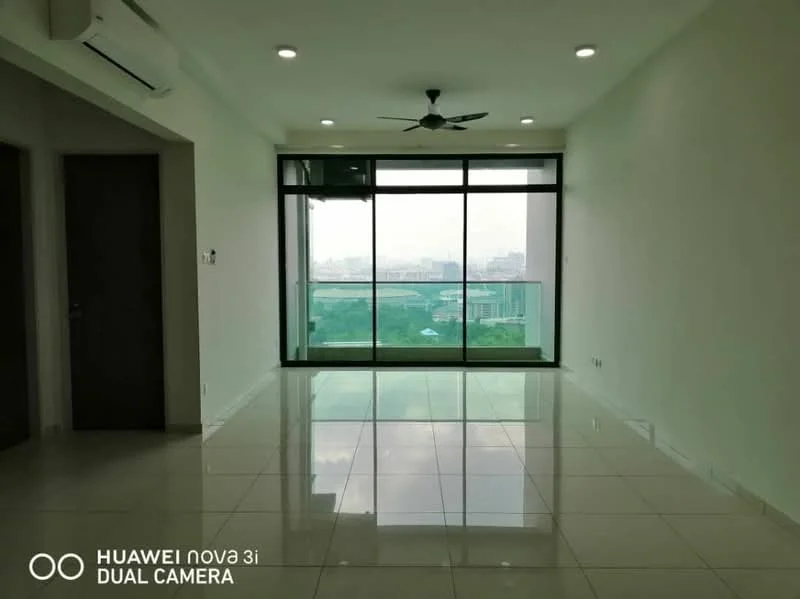 Living features: large floor-to-ceiling windows, sliding glass door, white painted walls, polished ceramic tile flooring, 5-blade ceiling fan with light, recessed LED downlights, neutral color palette, open layout; style: modern; view: city.