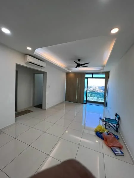 Living features: white painted walls, glossy ceramic tile flooring, tray ceiling with recessed lighting, 5-blade ceiling fan with light, floor-to-ceiling windows, curtains, air conditioning unit, city view; style: modern; view: city.