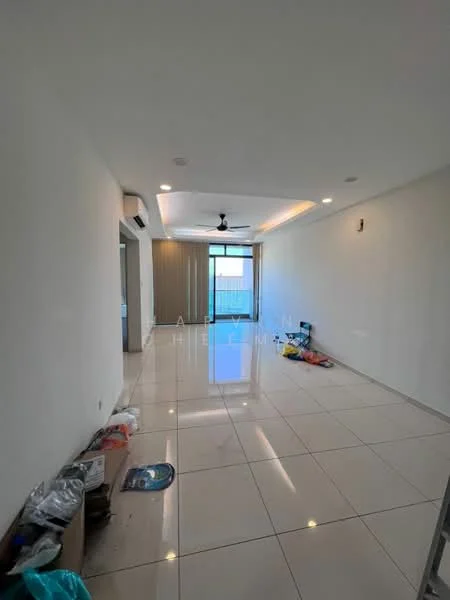 Living features: white painted walls, glossy ceramic tile flooring, 5-blade ceiling fan with light, recessed downlights, floor-to-ceiling windows, sliding glass door, neutral color scheme, open layout, decorative wall sconce; style: modern; view: city.