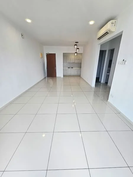 Living features: white painted walls, glossy ceramic tile flooring, recessed downlights, 1 wall-mounted split AC, open layout, door leading to kitchen, neutral color scheme, large windows for natural light; style: modern.