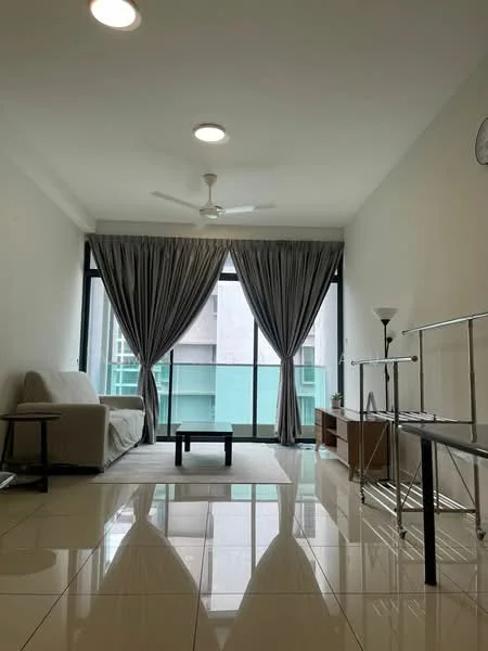 Living features: floor-to-ceiling windows, grey curtains, 3-blade ceiling fan, white walls, polished tile flooring, light-colored fabric sofa, wooden coffee table, TV console, decorative lamp, area rug; style: modern; view: city.