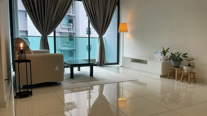 Living features: large floor-to-ceiling windows, grey fabric sofa, black coffee table, white TV console, decorative plant in pot, lamp on side table, area rug, polished ceramic tile flooring, sheer curtains, wall-mounted TV, neutral painted walls, decorative wall art; style: modern; view: city.