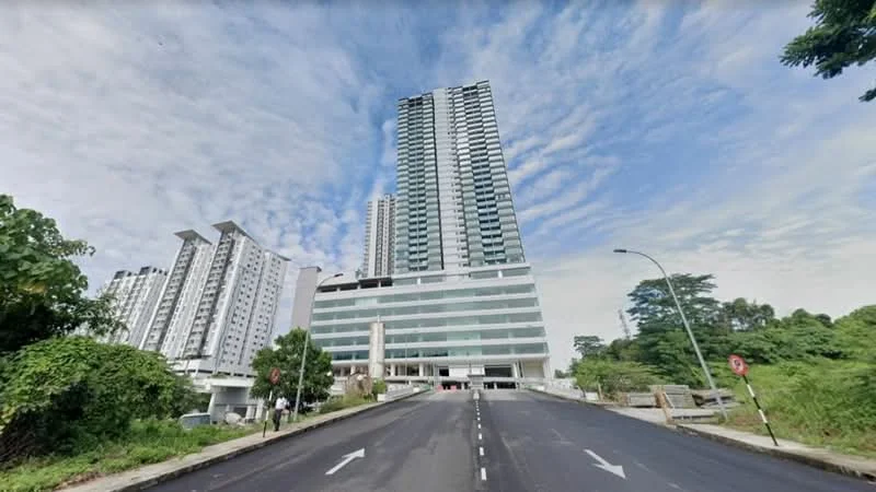 Exterior type: high-rise condominium; features: glass curtain wall, white painted facade, approximately 30-storey high-rise, manicured landscaping, surrounded by greenery, driveway leading to entrance, multiple balconies, parking deck visible, urban context with nearby buildings; style: modern.