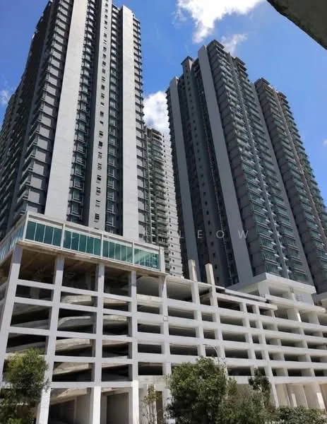 Exterior type: high-rise condominium; features: glass curtain wall, concrete facade, multiple-storey, open-air parking lot, landscaped greenery at base, balconies on upper floors, modern architectural design; style: modern.