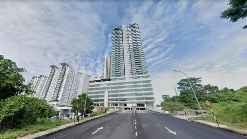 Exterior type: high-rise condominium; features: glass curtain wall, white painted facade, approximately 30-storey high-rise, manicured landscaping, driveway leading to entrance, surrounded by greenery, multiple balconies, parking deck visible; style: modern.