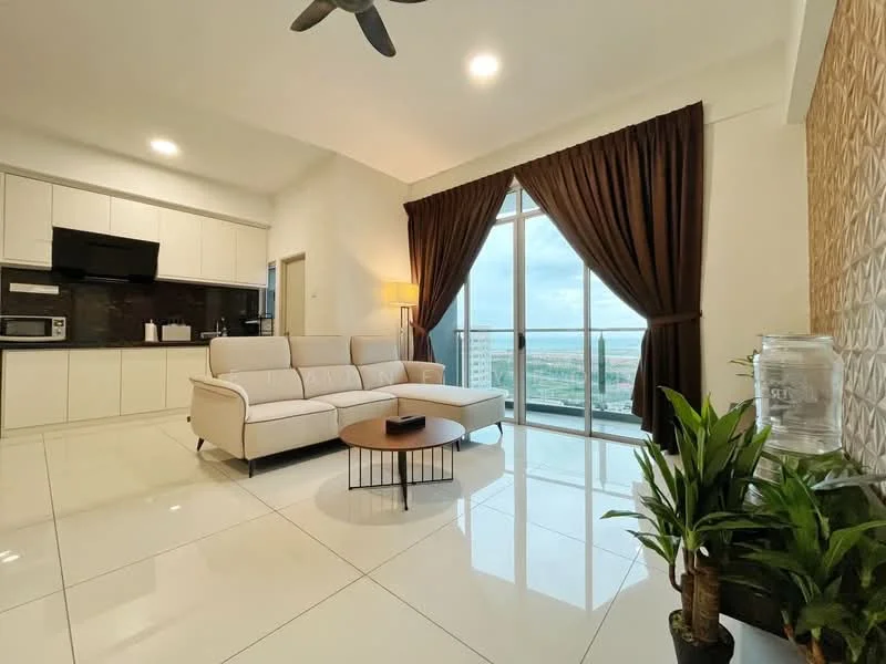 Living features: 3-seater fabric sofa in beige, coffee table, floor-to-ceiling windows, curtains in dark brown, recessed downlights, wall-mounted TV, decorative wall with textured finish, potted plant, white tiled flooring, lamp with warm light, open-plan layout with kitchen, kitchen cabinetry in white, microwave, stainless-steel sink; style: modern; view: city.