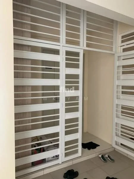 Room features: white louvered doors, light beige walls, grey tiled flooring, built-in shelving, open storage space, visible footwear on floor; style: modern.