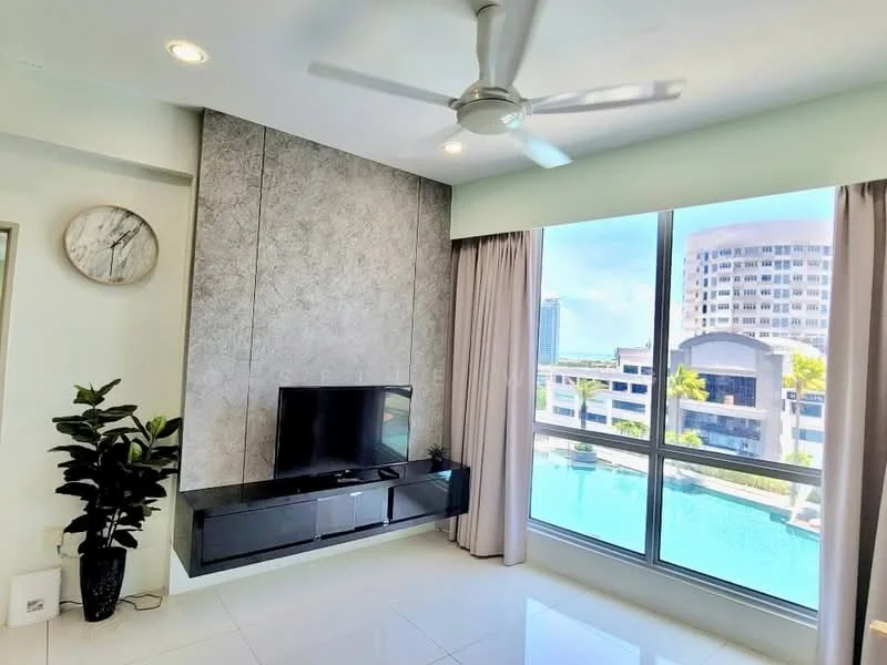 Living features: grey accent wall, floor-to-ceiling windows, curtains, white tiled flooring, ceiling fan, wall-mounted TV, black TV console, decorative wall clock, indoor plant; style: modern; view: pool.