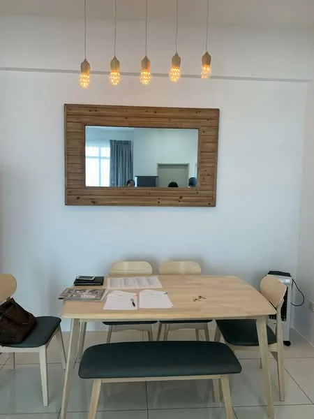 Dining features: wooden dining table, 4 dining chairs with upholstered seats, pendant lighting with multiple bulbs, large rectangular mirror with wooden frame, white painted walls, glossy tile flooring, curtains, decorative items on the table; style: modern.