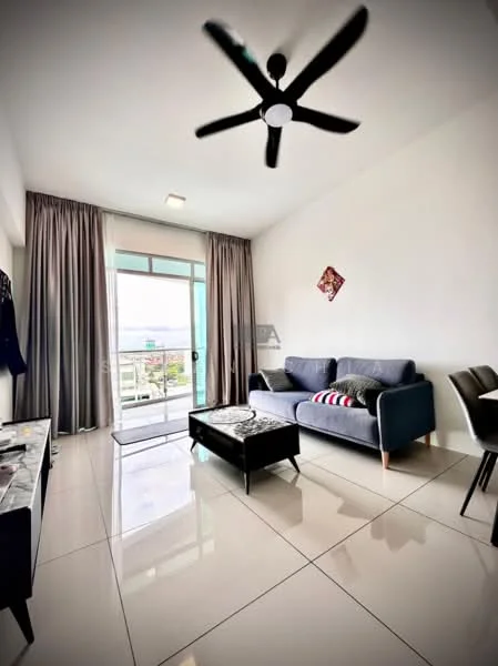 Living features: 5-blade ceiling fan with light, grey fabric sofa, coffee table, floor-to-ceiling windows, sliding glass door, curtains, white painted walls, glossy tile flooring, decorative wall art; style: modern; view: city.